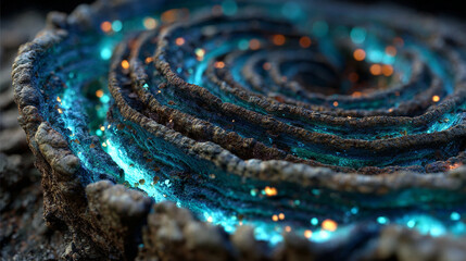 Bioluminescent moss spiraling along textured tree bark, glowing softly in the dark. A magical forest scene evoking mystery, natural wonder, and ethereal beauty in a nighttime woodland environment.