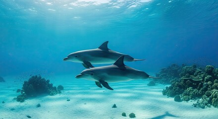 Fototapeta premium Two dolphins swim gracefully in crystal clear turquoise ocean water