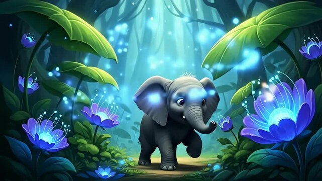 A cartoon baby elephant walks through a mystical, dark forest surrounded by glowing blue and purple flowers.