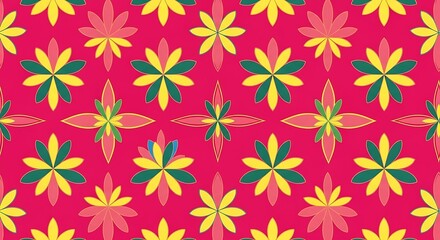 A colorful, repeating folk art-inspired pattern of stylized flowers in bright colors set against a vibrant pink background.