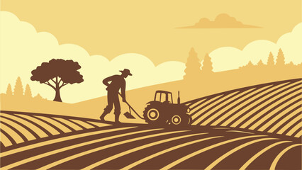 Silhouette illustration of a farmer plowing a field with a tractor under a cloudy sky in the countryside