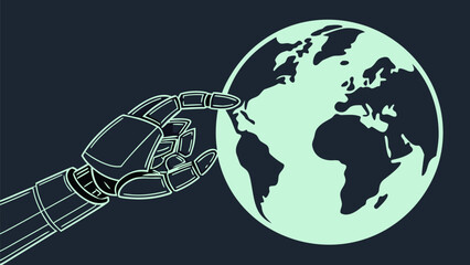 Naklejka premium Illustration showing a robotic hand touching a globe representing global technology and artificial intelligence