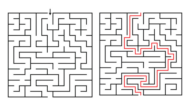 Rectangular Orthogonal Maze Game for Adults Kids - Simple and Easy Maze Game Flat Vector Black and White Outline Illustration.