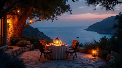 Romantic outdoor dining setting overlooking the sea at sunset with ambient lighting