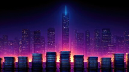 Stacked coins and upward arrow monetary momentum concept. Futuristic city skyline illuminated at night with neon lights.