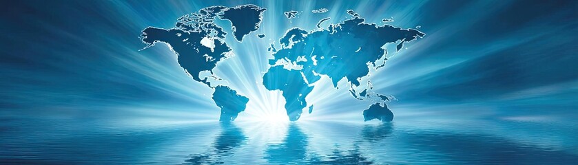 Minimalistic 3D world map on soft blue gradient concept. Futuristic depiction of a glowing world map with blue rays.