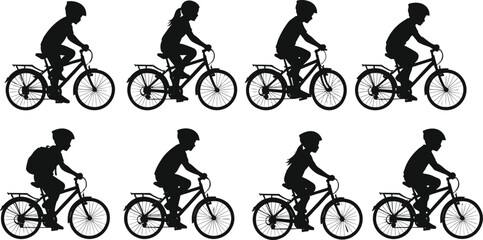 Vector silhouettes of children riding bicycles — perfect for cycling posters, kids’ safety campaigns, outdoor activities, and sport-themed designs.