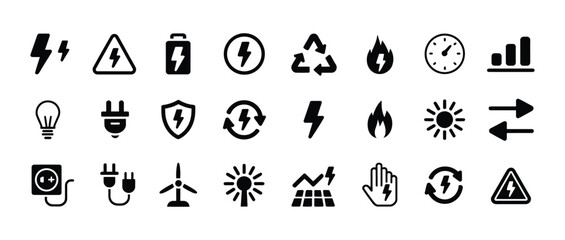Collection of energy and power icons, including electricity, renewable energy, and battery symbols