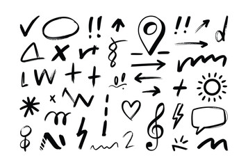 Collection of handdrawn black symbols and icons, including check marks, crosses, hearts, and musical notes