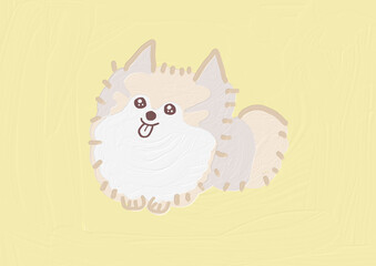 犬　かわいいポメラニアン　茶色　イラスト　背景イエロー