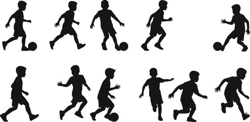 Silhouettes of children playing soccer, perfect for sports designs, youth activity posters, educational materials, and athletic-themed illustrations.
