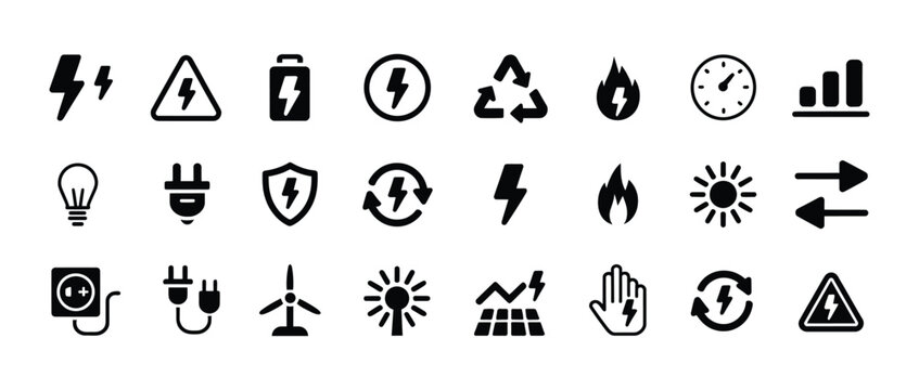 Collection of energy and power icons, including electricity, renewable energy, and battery symbols