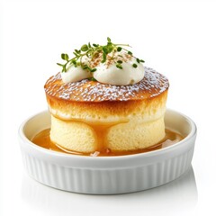 Souffl&eacute; with oozing sauce isolated on a white background, emphasizing its rich and indulgent qualities.