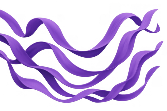 Purple ribbon elements floating and twisting, forming elegant abstract waves on a transparent background, conveying movement and grace