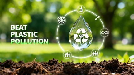 Beat Plastic Pollution Concept - Water Drop with Recycle Symbol on Natural Earth Background