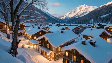 A picturesque Alpine village nestled in a snow-covered valley during a serene winter evening, with warm lights emanating from the chalets. - Powered by Adobe