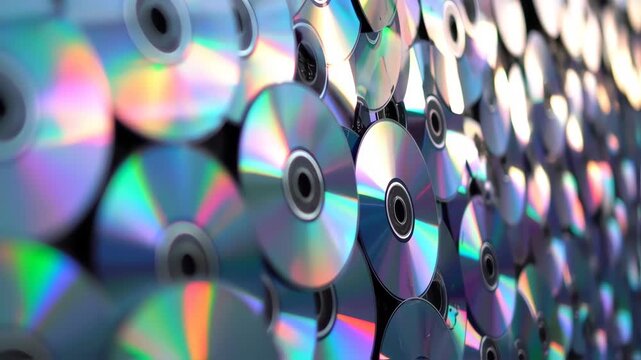 Close-up of many CDs stacked together, reflecting vibrant iridescent colors