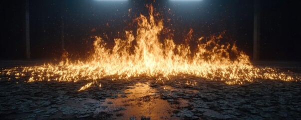 A burning pile of dollar bills symbolizing financial losses concept. Vibrant flames dancing over a reflective surface in a dark setting.