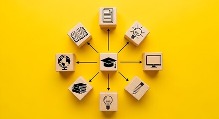 Wooden blocks with education icons arranged in a circle around a graduation cap on a yellow background