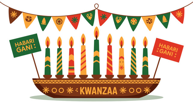 Kwanzaa kinara with candles and banners celebrating african american heritage