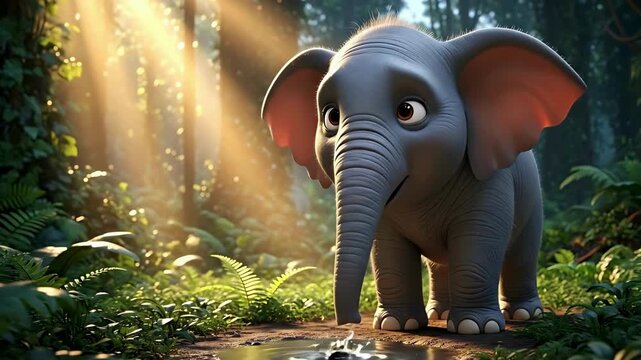 A cute cartoon baby elephant stands in a sunlit jungle or forest clearing.
