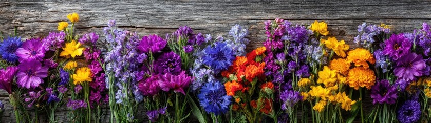 Wildflowers and wooden table background created concept. A vibrant array of colorful flowers blooming against wooden background.
