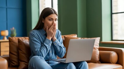 Young woman looking shocked at her laptop screen at home
