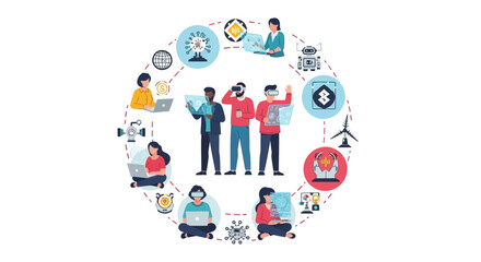 People in VR and other tech concepts are placed around a circle