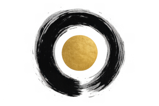Enso circle with gold moon texture, sumi-e ink wash painting, japanese zen art abstract design