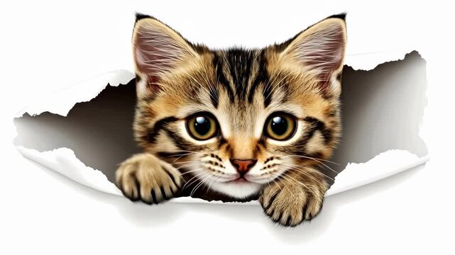 Adorable kitten peeking through torn paper with curious expression