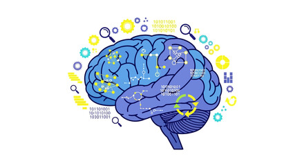 A blue human brain illustration surrounded by symbols of information gears and processes