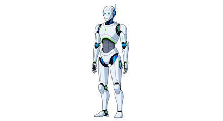 A robot stands white with green and blue accents on a plain white background