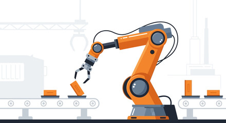 An orange robotic arm on a conveyor belt picks up an orange rectangular block in a manufacturing setting