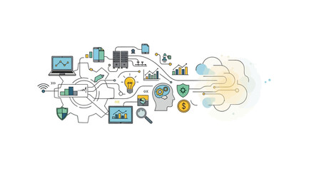 Interconnected tech laptop phone server cloud graphs gears shield dollar sign  head