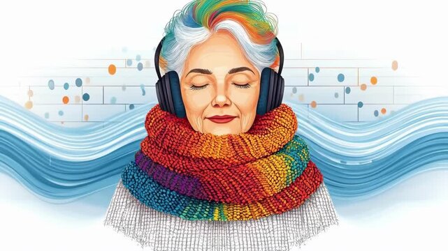 Elderly caucasian woman with colorful scarf enjoying music through headphones