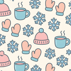 cute sticker-style winter icons (beanie, mug, mittens, snowflake), bold outlines, seamless tileable vector pattern, pastel colors on off-white