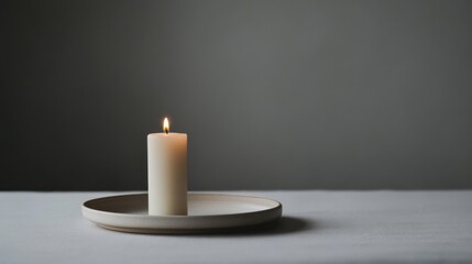 Simple white candle on a clean tray glowing softly in a peaceful indoor setting