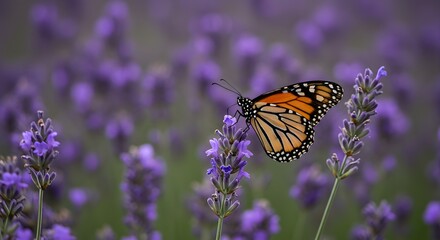 Naklejka premium Butterfly resting on lavender flowers