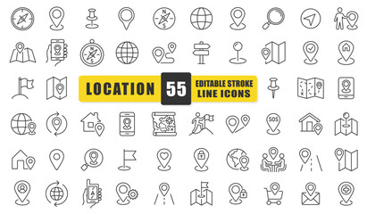 Location And Navigation Line Icon Set. A Collection Of 54 Thin Line Editable Stroke Icons Representing Map Pins, GPS, Compass, Direction, And Travel Symbols. Perfect For Maps, Apps. Isolated Vector