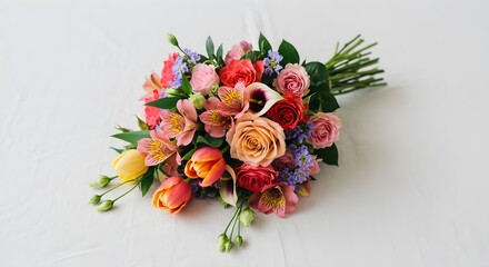 Colorful floral arrangement on white surface