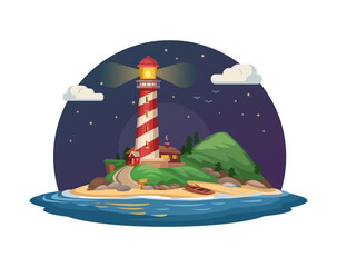Lighthouse on Coastal Island at Night with Starry Sky Cartoon Illustration Vector