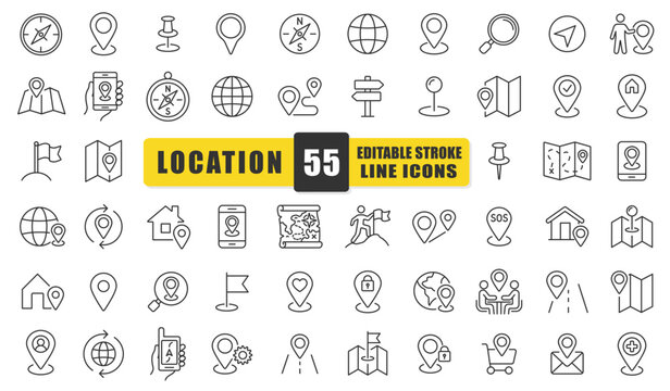 Location And Navigation Line Icon Set. A Collection Of 54 Thin Line Editable Stroke Icons Representing Map Pins, GPS, Compass, Direction, And Travel Symbols. Perfect For Maps, Apps. Isolated Vector
