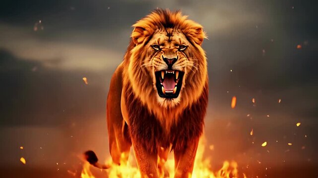 A menacing lion stands on a patch of fire with sparks flying, under a dramatic sky.