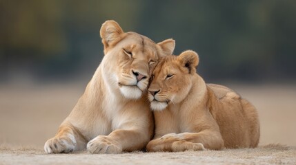 Obraz premium Heartwarming Moment of a Lioness and Her Cub Displaying Affection in the Wild, Cozy Together in a Serene Natural Setting