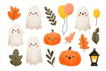 halloween seamless background with ghosts and pumpkins. set of halloween icons