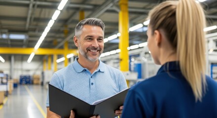 Man and woman discussing work in a modern factory setting during the day