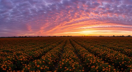 Field of flowers under a vibrant sunset sky