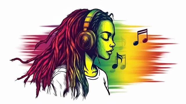 African woman listening to music with colorful headphones and dreadlocks