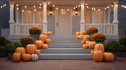 Cozy Autumn Evening View of a Decorated House with Glowing Pumpkins and Charming Lights on the Front Steps