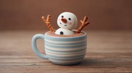 Adorable Snowman Marshmallow Relaxing in a Cup of Hot Chocolate with Pretzel Antlers Perfect for Winter Celebrations and Cozy Drinks